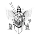 A Roman warrior with armor holding a sacred heart surrounded by angels tattoo design idea