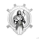 A Roman warrior with armor holding a sacred heart surrounded by angels tattoo design idea