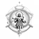 A Roman warrior with armor holding a sacred heart surrounded by angels tattoo design idea