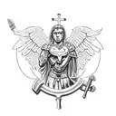 A Roman warrior with armor holding a sacred heart surrounded by angels tattoo design idea