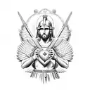 A Roman warrior with armor holding a sacred heart surrounded by angels tattoo design idea