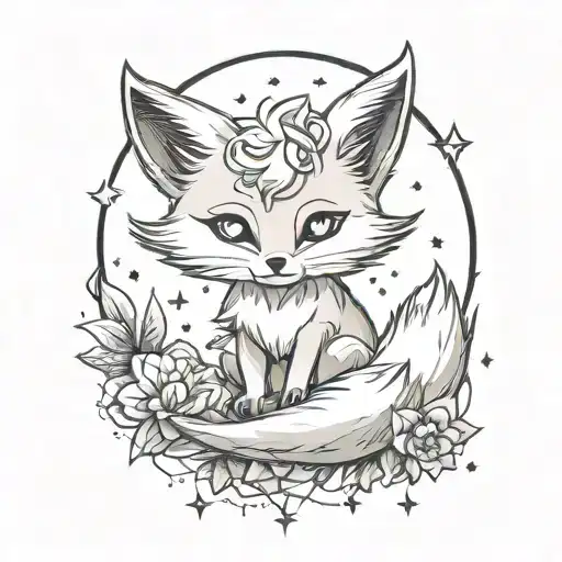a baby fox kawai with seven tails watching the sky with stars tattoo design idea