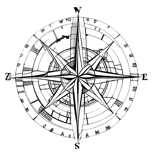 A minimalist compass rose with the coordinates of various cities in Spain, including A Coruña, Vitoria, Valencia, and Cadiz tattoo design idea