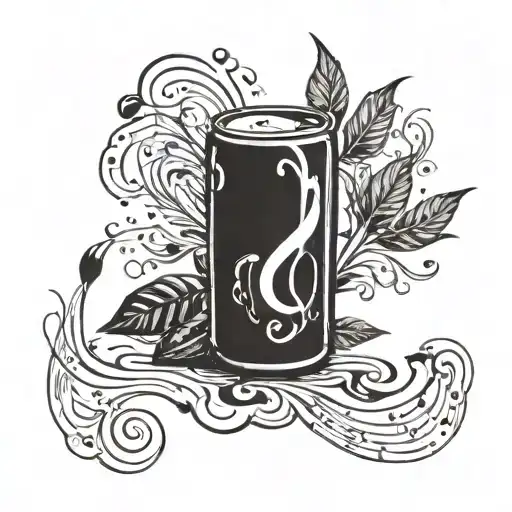 A coffee bean morphing into a whiskey bottle with musical notes swirling around it tattoo design idea