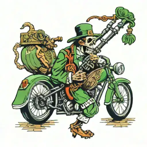 Irish skeleton playing bagpipes driving a rat rod bag pipes are individual snakes  tattoo design idea