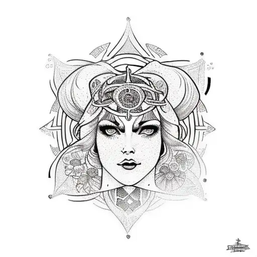 Norse godess Freya looking sexy in mandala style surrounded by flowers and mandala shapes tattoo design idea