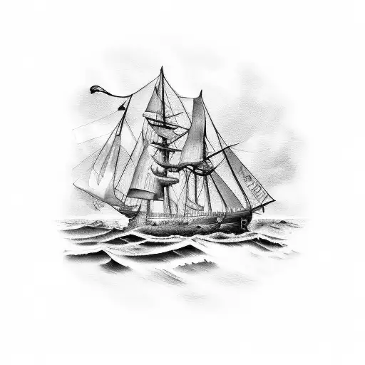 A blackwork tattoo of a ship sailing on stormy seas, with the names Kayleigh and Thomas Michael intertwined in the rigging. tattoo design idea