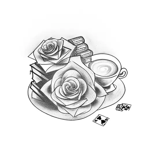 A tattoo depicting a stack of books with a coffee mug on top, surrounded by roses and a subtle gambling element, representing the client's love for reading, coffee, and gambling. tattoo design idea