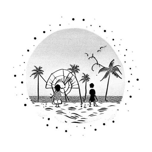 A dotwork tattoo of a beach scene at sunset, with a silhouette of your family playing in the sand, capturing your love for the beach and cherished moments with your loved ones. tattoo design idea