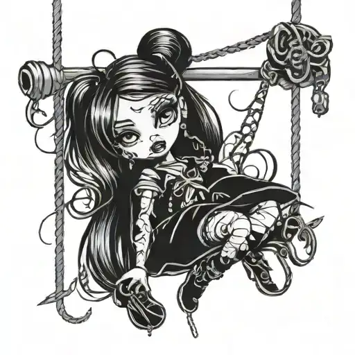 a abused bratz doll wearing black clothes hanging from a noose tattoo design idea