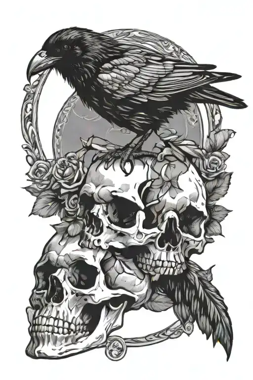 a raven on top of the skull of Edgar Allen poe portrait black tattoo design idea
