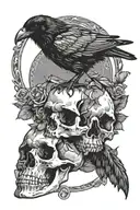 a raven on top of the skull of Edgar Allen poe portrait black tattoo design idea