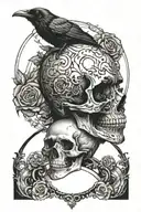 a raven on top of the skull of Edgar Allen poe portrait black tattoo design idea