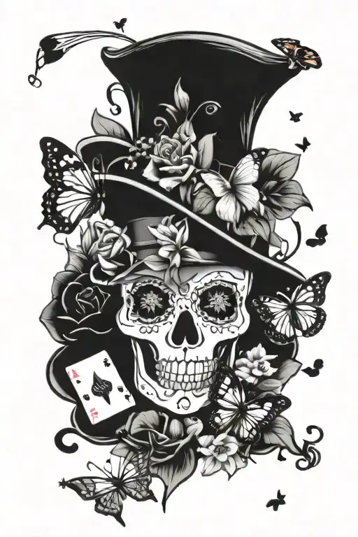 magician hat surrounded by musical notes and playing card with butterflies and flowers also tulips and Hawaiian flowers tattoo design idea