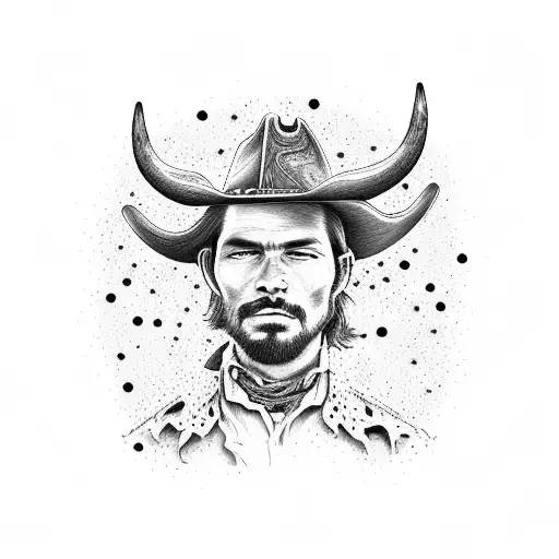 A western-style portrait of a cowboy with a dog companion, surrounded by cow skulls and wildflowers tattoo design idea