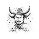 A western-style portrait of a cowboy with a dog companion, surrounded by cow skulls and wildflowers tattoo design idea
