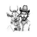 A western-style portrait of a cowboy with a dog companion, surrounded by cow skulls and wildflowers tattoo design idea