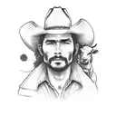A western-style portrait of a cowboy with a dog companion, surrounded by cow skulls and wildflowers tattoo design idea