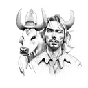 A western-style portrait of a cowboy with a dog companion, surrounded by cow skulls and wildflowers tattoo design idea