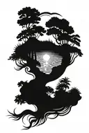 Sinuous river with rainforest trees in the margins and the sun setting in its source tattoo design idea