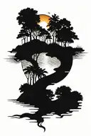 Sinuous river with rainforest trees in the margins and the sun setting in its source tattoo design idea