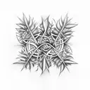 An abstract tattoo design featuring a mix of Scottish and New Zealand symbols, such as thistles and ferns, incorporated with musical notes, in a dotwork style tattoo design idea