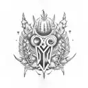An abstract tattoo design featuring a mix of Scottish and New Zealand symbols, such as thistles and ferns, incorporated with musical notes, in a dotwork style tattoo design idea