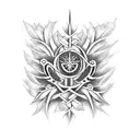 An abstract tattoo design featuring a mix of Scottish and New Zealand symbols, such as thistles and ferns, incorporated with musical notes, in a dotwork style tattoo design idea