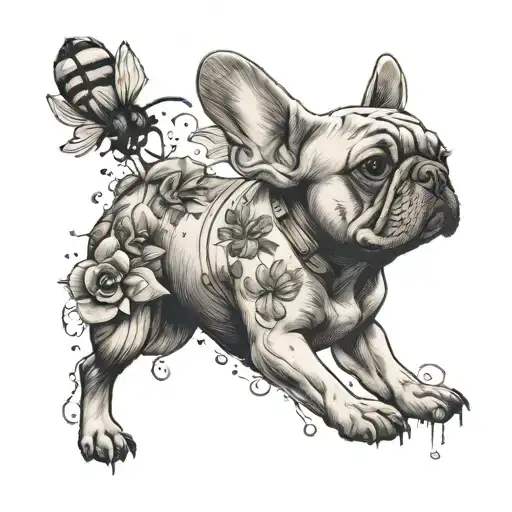 French bulldog, honey pot, bumble bees flying tattoo design idea