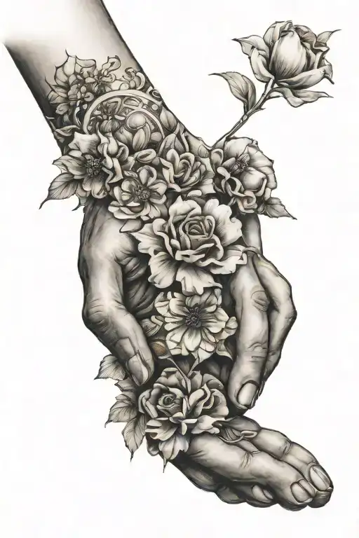 dog paw with human hand and flowers intertwined tattoo design idea