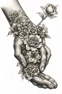 dog paw with human hand and flowers intertwined tattoo design idea