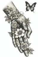 dog paw with human hand and flowers intertwined tattoo design idea