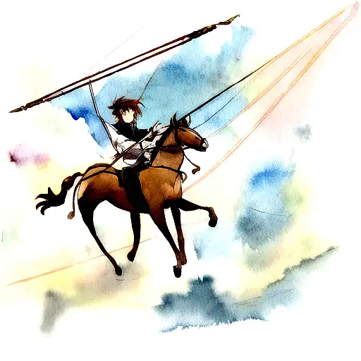 A watercolor painting of a majestic Sagittarius archer riding a flying musical instrument through the sky tattoo design idea