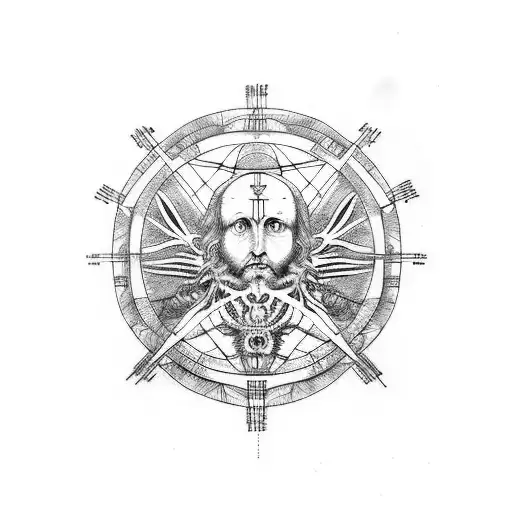 tattoo of da vinci’s Vitruvian man with a gorgon head, surrounded in geometry and holding a scale, with a tree of life tattoo design idea