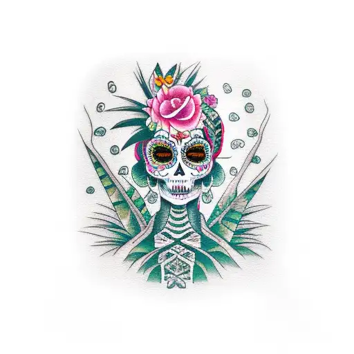 Dia de los muertos good looking woman with a palm tree  tattoo design idea