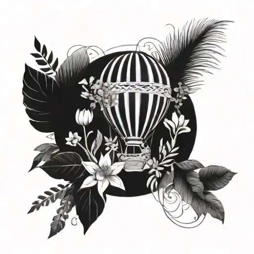 A blackwork tattoo of a whimsical hot air balloon floating among a variety of exotic plants and flowers, symbolizing the client's desire for travel and exploration tattoo design idea