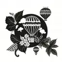 A blackwork tattoo of a whimsical hot air balloon floating among a variety of exotic plants and flowers, symbolizing the client's desire for travel and exploration tattoo design idea
