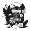 A blackwork tattoo of a whimsical hot air balloon floating among a variety of exotic plants and flowers, symbolizing the client's desire for travel and exploration tattoo design idea