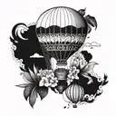 A blackwork tattoo of a whimsical hot air balloon floating among a variety of exotic plants and flowers, symbolizing the client's desire for travel and exploration tattoo design idea