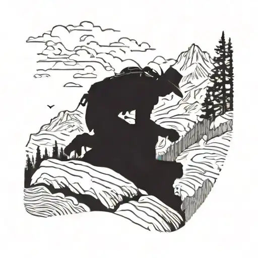 A silhouette of a cowboy helping a hiker up a mountain, with a subtle image of Jesus Christ in the background tattoo design idea