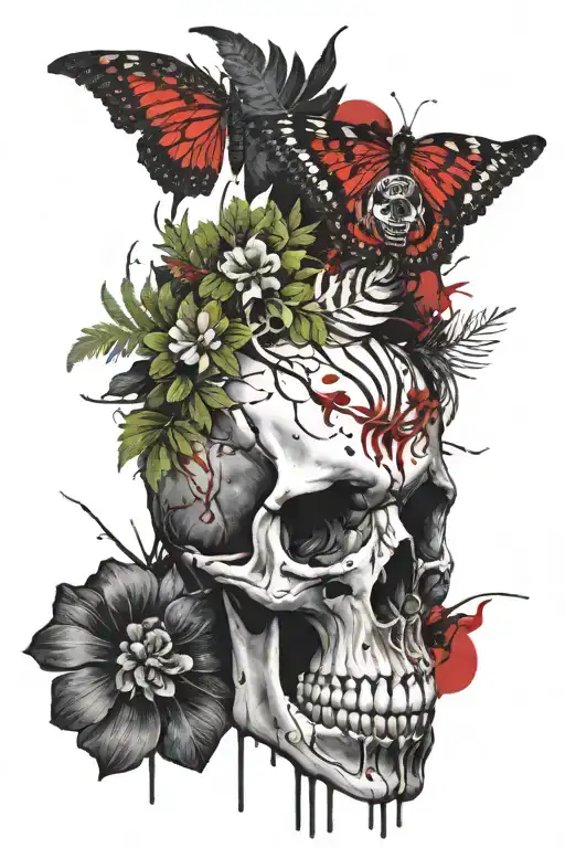 fern and skull tattoo design idea