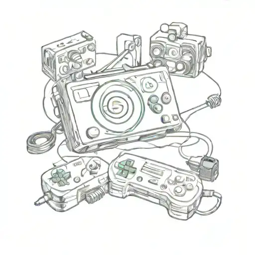 A sketch tattoo of the 'Friends' logo surrounded by movie reels and gaming controllers, capturing the client's love for the show and entertainment tattoo design idea
