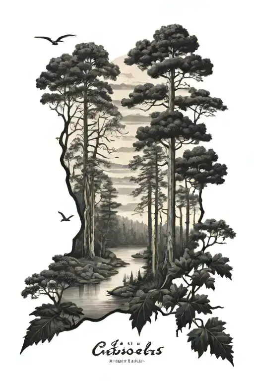 mississippi river forest landscape tattoo design idea