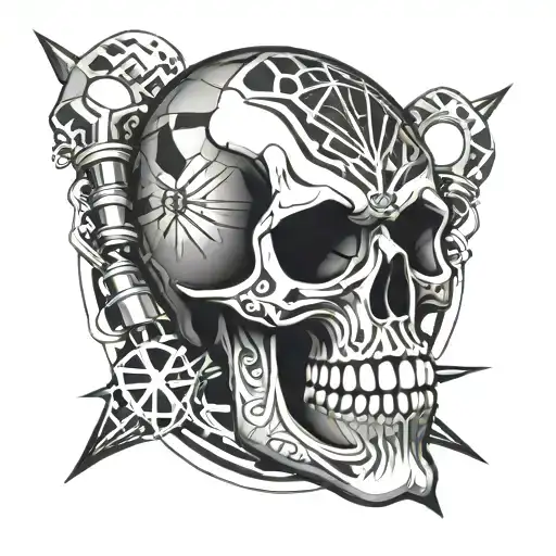 skull with geometric pattern and welding torches crossed in the back round  tattoo design idea