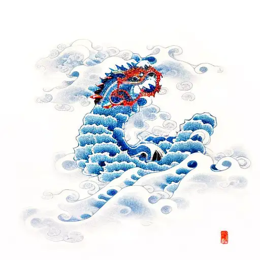 Japanese Wave with a blue dragon slowly transitioning into the wave with lotus's .  tattoo design idea