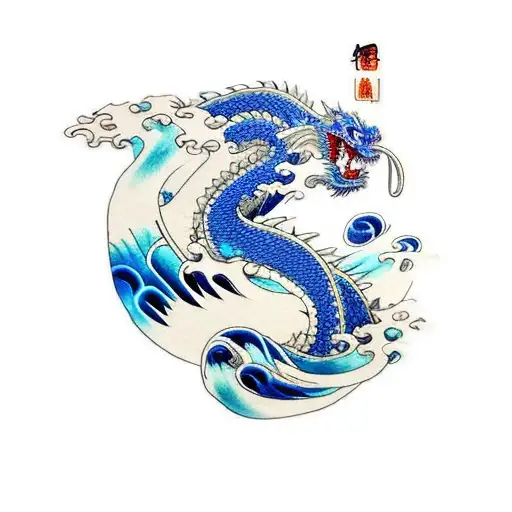 Japanese Wave with a blue dragon slowly transitioning into the wave with lotus's .  tattoo design idea