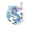 Japanese Wave with a blue dragon slowly transitioning into the wave with lotus's .  tattoo design idea