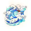 Japanese Wave with a blue dragon slowly transitioning into the wave with lotus's .  tattoo design idea