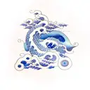 Japanese Wave with a blue dragon slowly transitioning into the wave with lotus's .  tattoo design idea