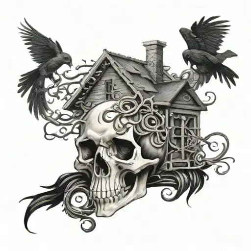 A skull with snake-like vines wrapping around it, with a raven flying overhead and a haunted house in the background tattoo design idea